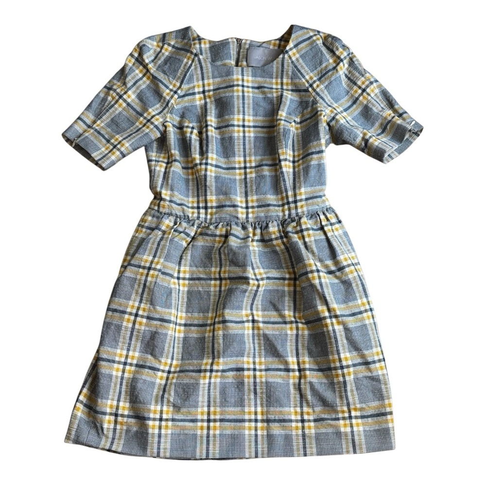 JASON WU Plaid SL Mini A-Line Dress Gray Yellow Zipper Pockets Cotton Silk Sz 4 - Picture 3 of 16